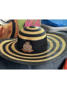 Stunning! Wide Brim Black and Gold  Stripe Women's Straw Hat